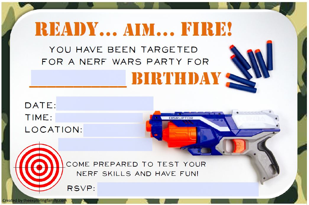 nerf wars party free printable invitations and favours ideas the exploring family