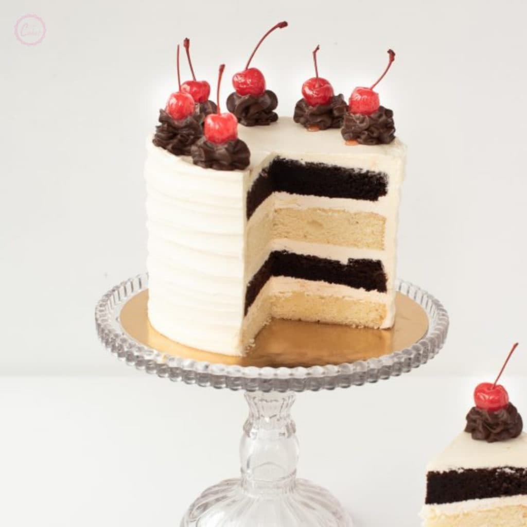 Large four layer chocolate and vanilla cake with cherries on top